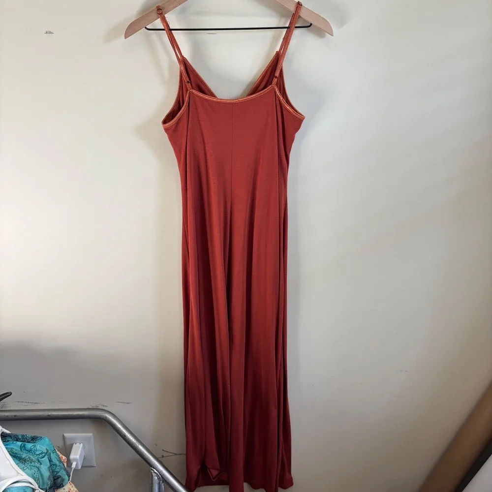 Terracotta Rust O-Ring Pleated Maxi Dress Sleeveless Jersey Knit Large